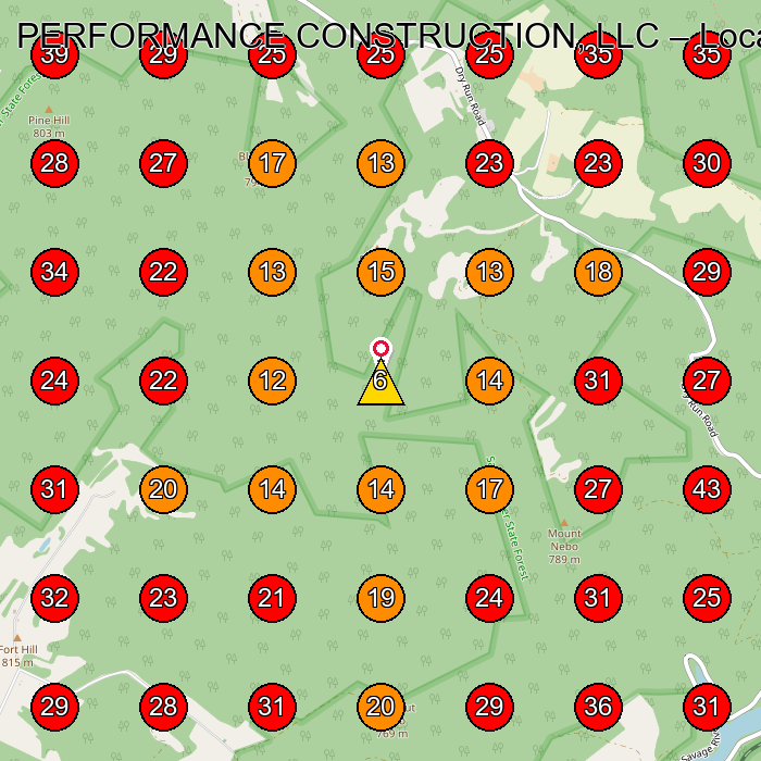 PERFORMANCE CONSTRUCTION, LLC GeoGrid visibility map for Concrete Contractor in None